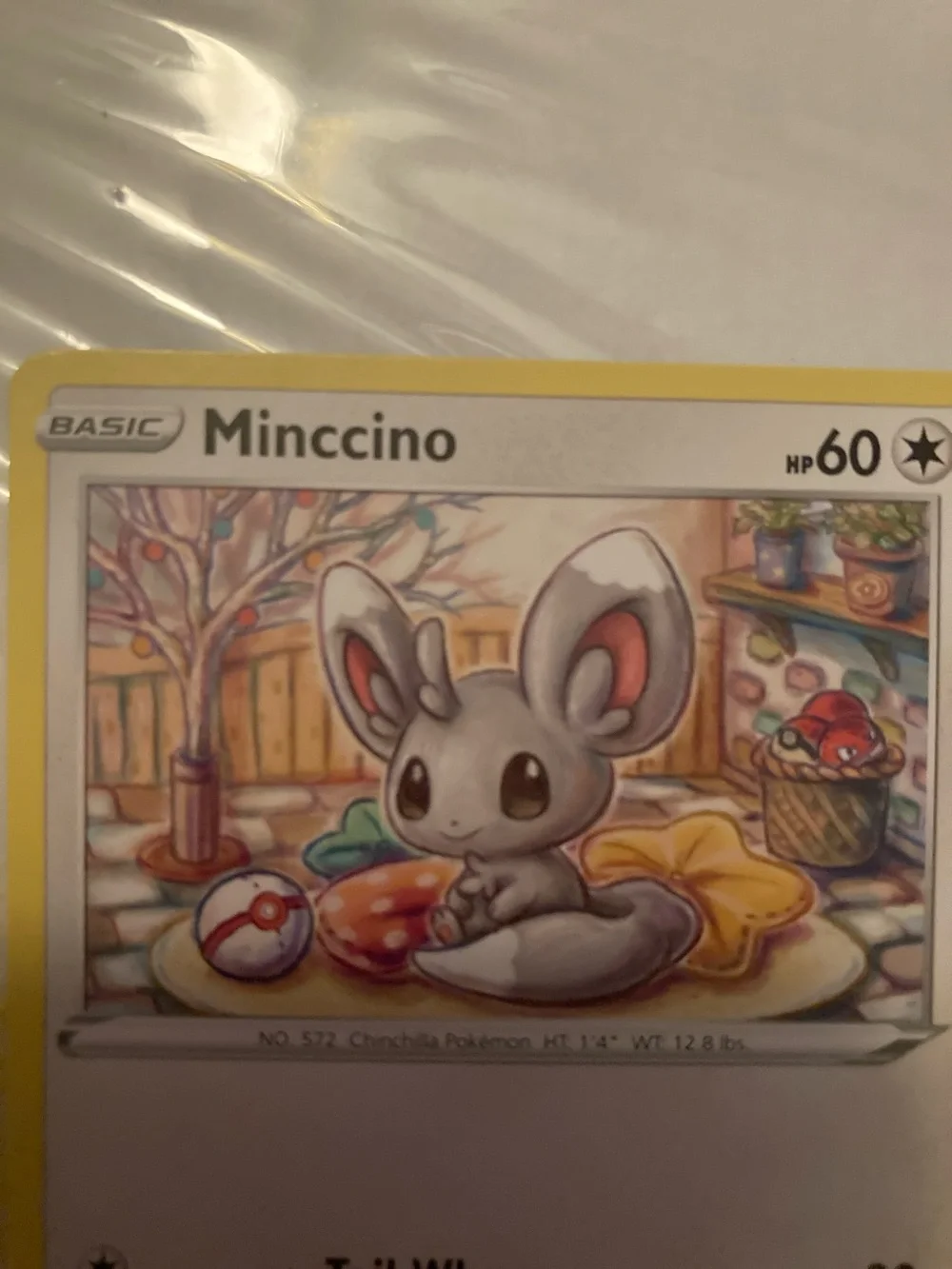 Pokemon Minccino Trading Card - Yellow Border, Gray Character, White Background